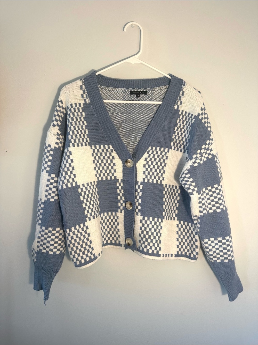 Papermoon Checkerboard V-Neck Button Cardigan Sweater - Blue & White